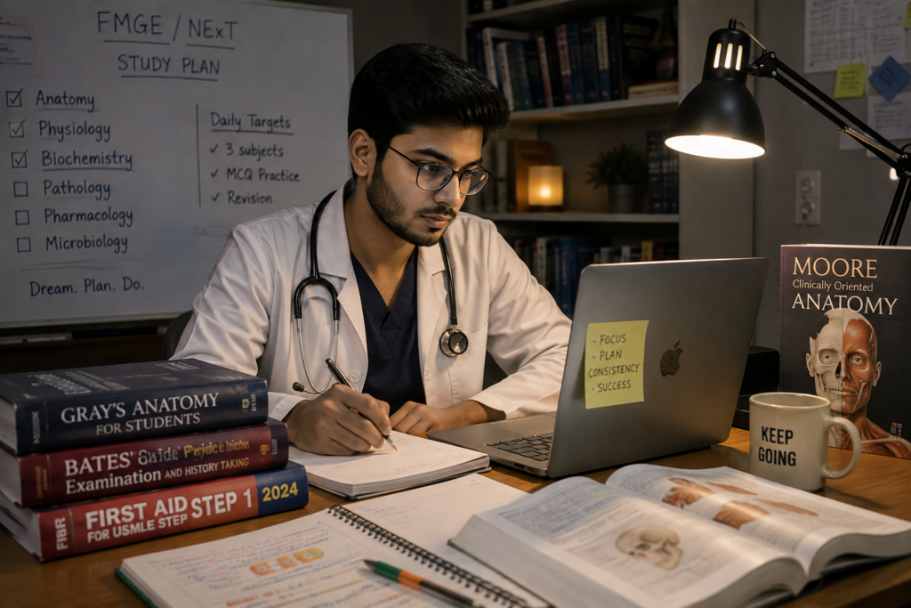Indian student preparing for FMGE NExT licensing exam after MBBS in Russia